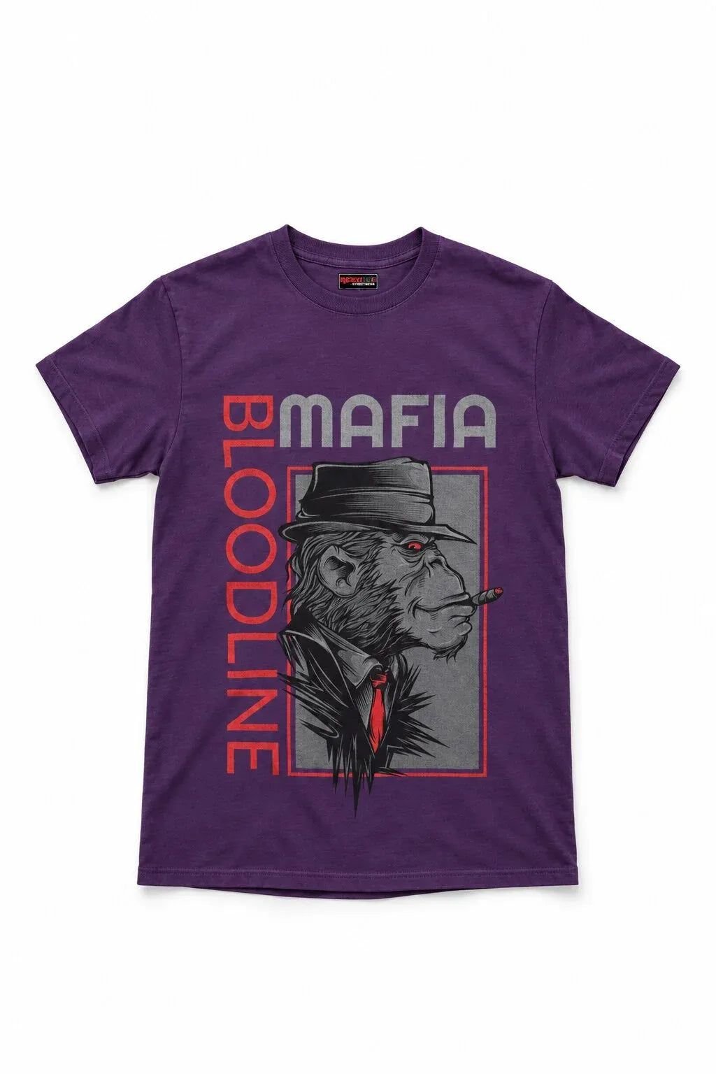 A purple short-sleeve crewneck t-shirt featuring a graphic print of a gorilla in a fedora smoking a cigar, with the text 'BLOODLINE' in red and 'MAFIA' in gray.